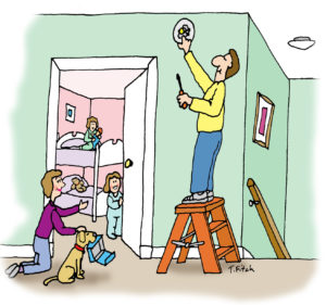 a family replacing a lightbulb while kids, a dog, and a woman observing