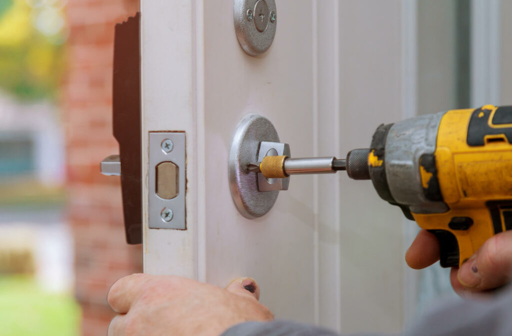 Deadbolt lock being installed on orange county rental property front door